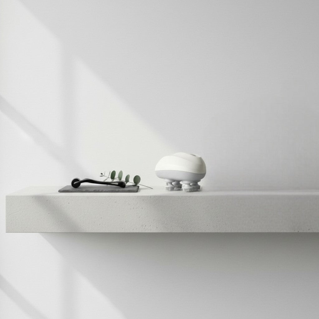 SCALPCARED Starter Kit: derma roller on slate and electric facial cleansing brush with four rotating heads.