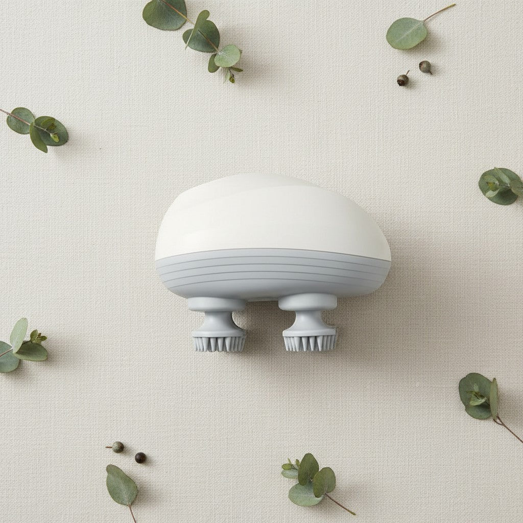 SCALPCARED Scalp Massager in white and grey, with four brush heads for scalp stimulation.