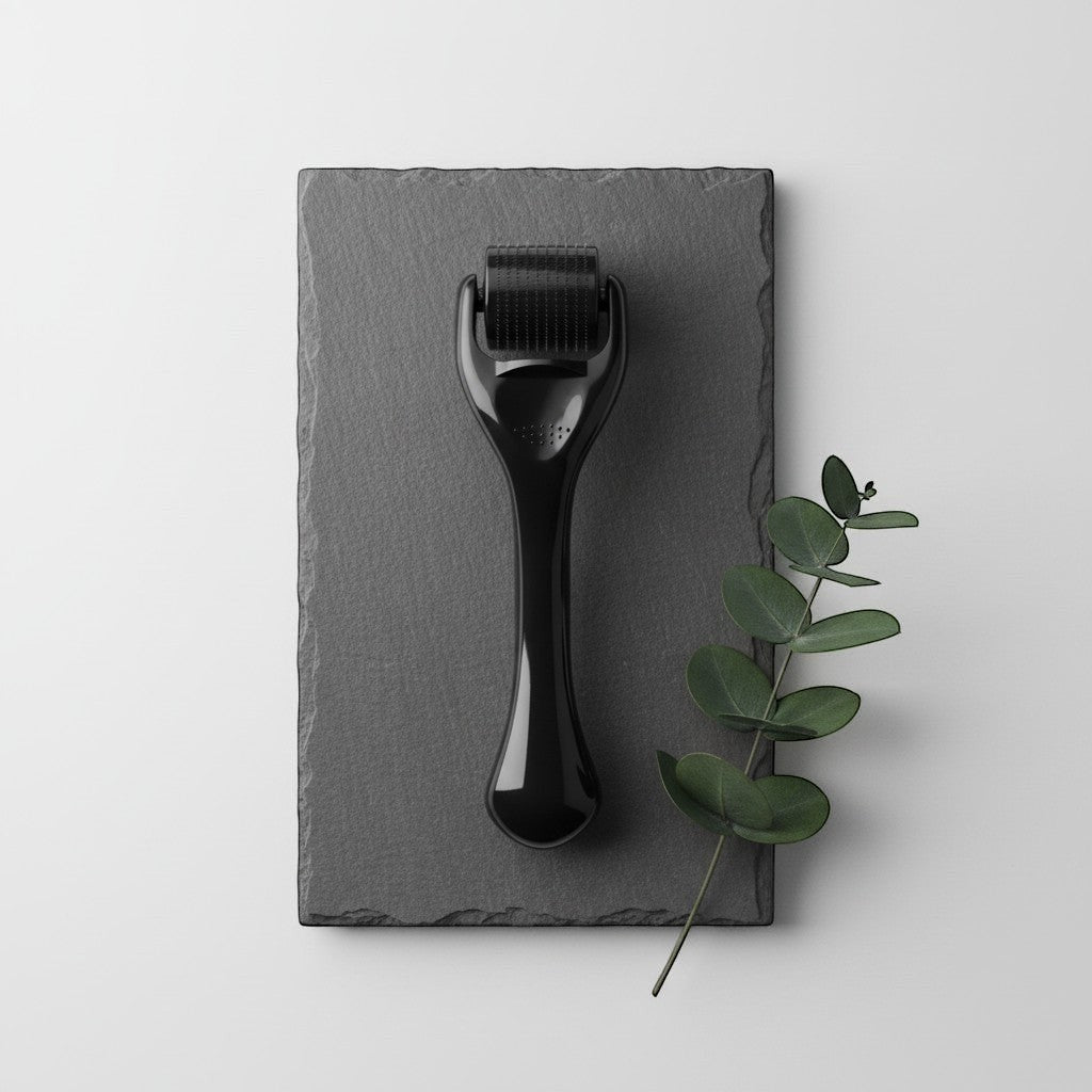 SCALPCARED rodillo Derma Roller negro para crecimiento del cabello con mango ergonómico y cabezal de microagujas.