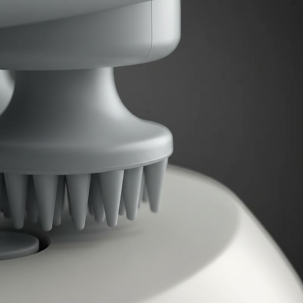 SCALPCARED Scalp Massager blanco con 4 cabezales de masaje de silicona para estimular el cuero cabelludo y mejorar la circulación.