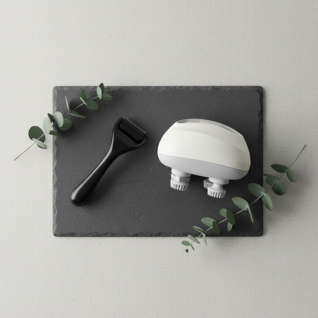 SCALPCARED Starter Kit: dispositivo de masaje facial blanco y gris con rodillo de masaje negro y hojas verdes.