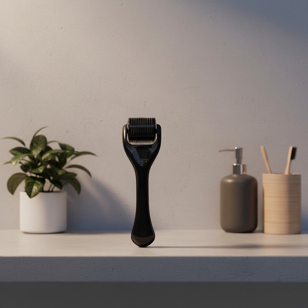 SCALPCARED Derma Roller negro de 1.0mm con rodillo de microagujas para estimular el crecimiento del cabello y mejorar la absorción de tratamientos.