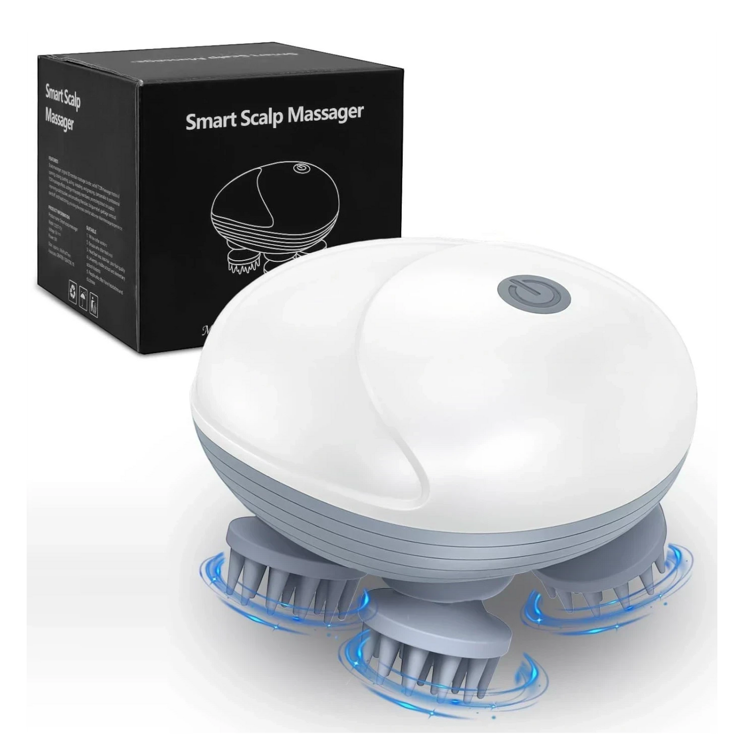 SCALPCARED masajeador de cuero cabelludo eléctrico blanco con 4 cabezales de masaje giratorios para alivio del estrés y la tensión.